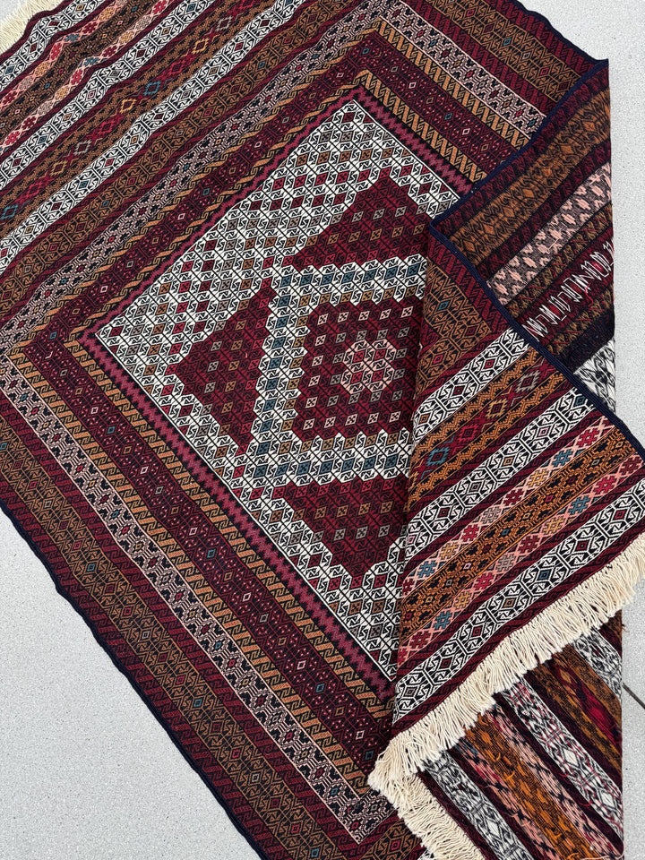 4x7 (132x205) Handmade Vintage Soumak Afghan Rug | Crimson Garnet Brick Red Maroon Taupe Ivory Prussian Blue Peach Fuchsia Eggplant Black