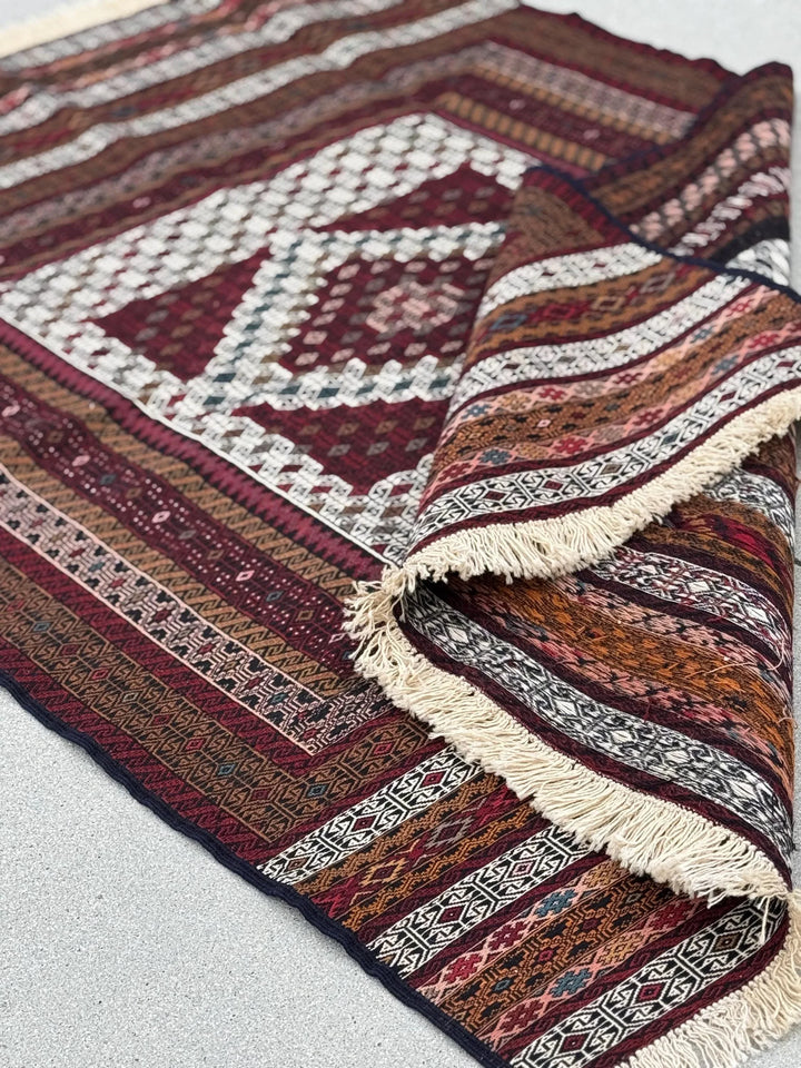4x6 (119x198) Handmade Vintage Soumak Afghan Rug | Crimson Garnet Brick Red Maroon Taupe Ivory Prussian Blue Peach Fuchsia Eggplant Black