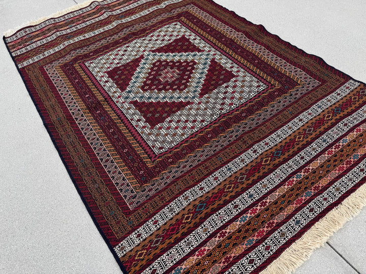 4x6 (119x198) Handmade Vintage Soumak Afghan Rug | Crimson Garnet Brick Red Maroon Taupe Ivory Prussian Blue Peach Fuchsia Eggplant Black