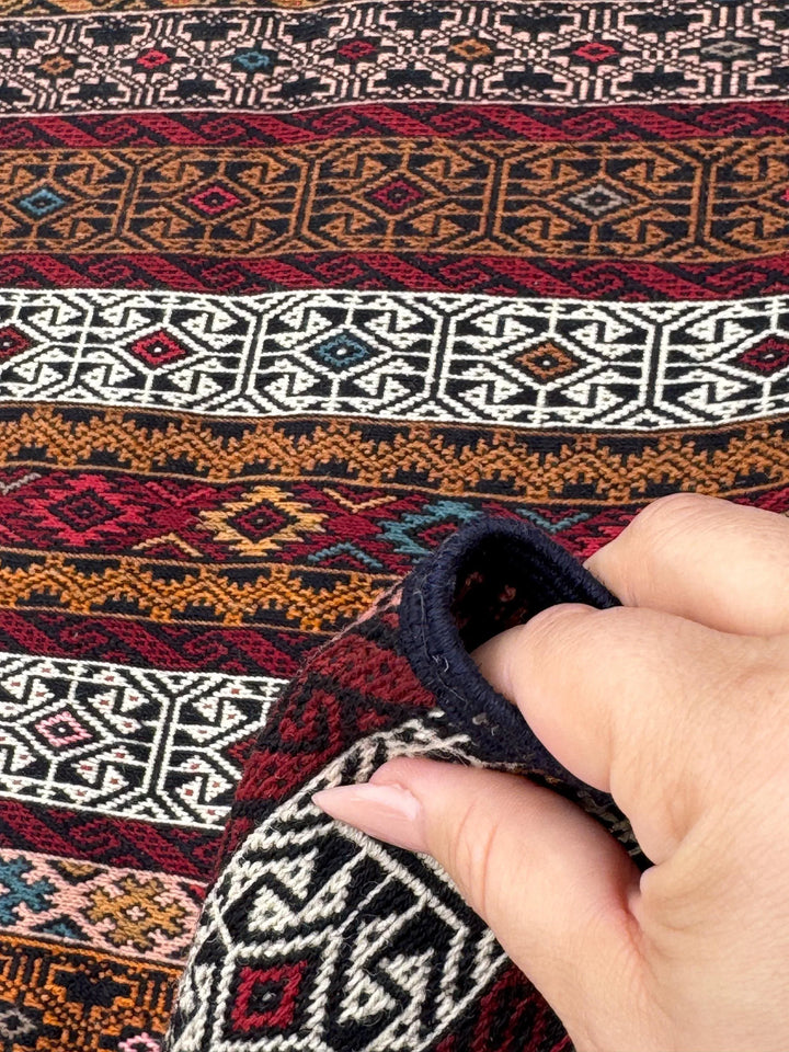 4x6 (119x198) Handmade Vintage Soumak Afghan Rug | Crimson Garnet Brick Red Maroon Taupe Ivory Prussian Blue Peach Fuchsia Eggplant Black
