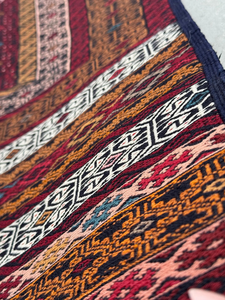 4x6 (119x198) Handmade Vintage Soumak Afghan Rug | Crimson Garnet Brick Red Maroon Taupe Ivory Prussian Blue Peach Fuchsia Eggplant Black