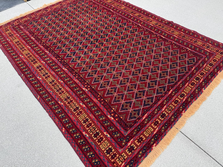 5x7 (144x195) Handmade Vintage Afghan Rug | Cherry Red Orange Navy Blue Chocolate Brown Crimson Red | Mishawani Barjasta Knotted Wool