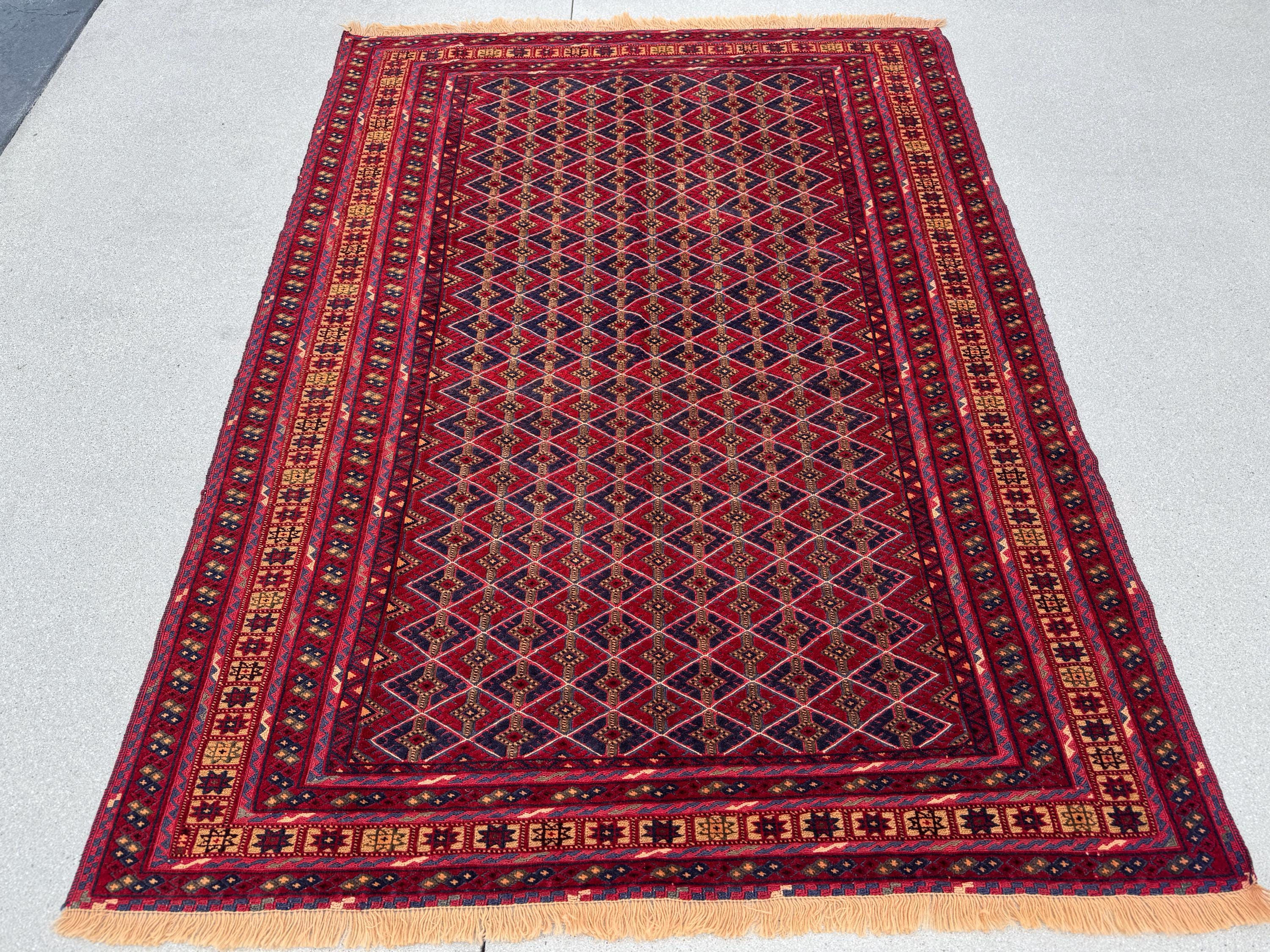 5x7 (144x195) Handmade Vintage Afghan Rug | Cherry Red Orange Navy Blue Chocolate Brown Crimson Red | Mishawani Barjasta Knotted Wool