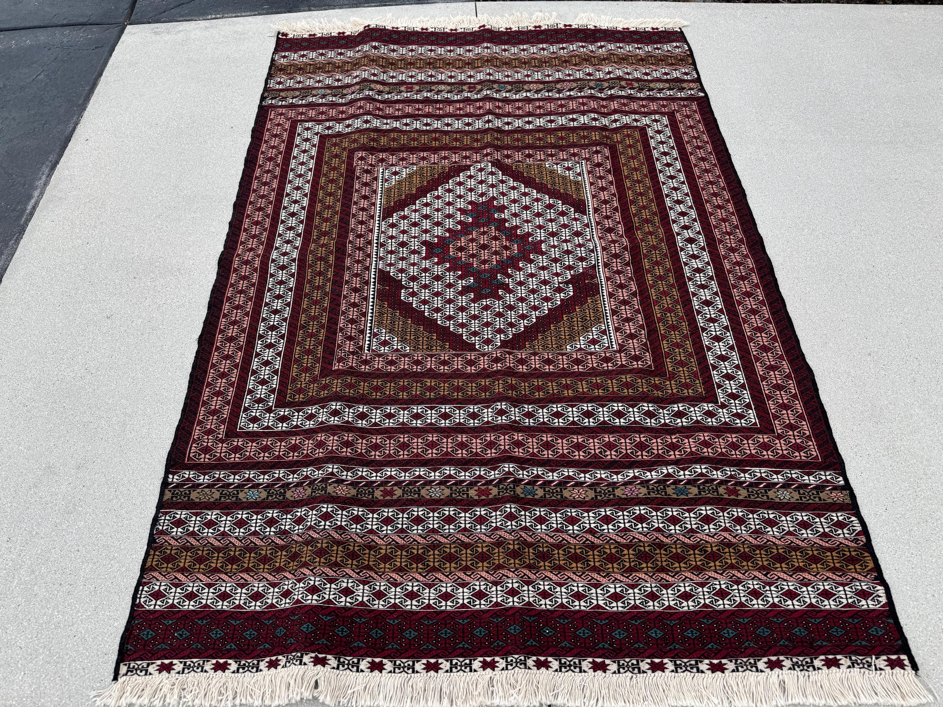 5x7 (134x208) Handmade Vintage Soumak Afghan Rug | Crimson Garnet Ruby Brick Red Auburn Maroon Taupe Ivory Prussian Blue Peach Saffron Black