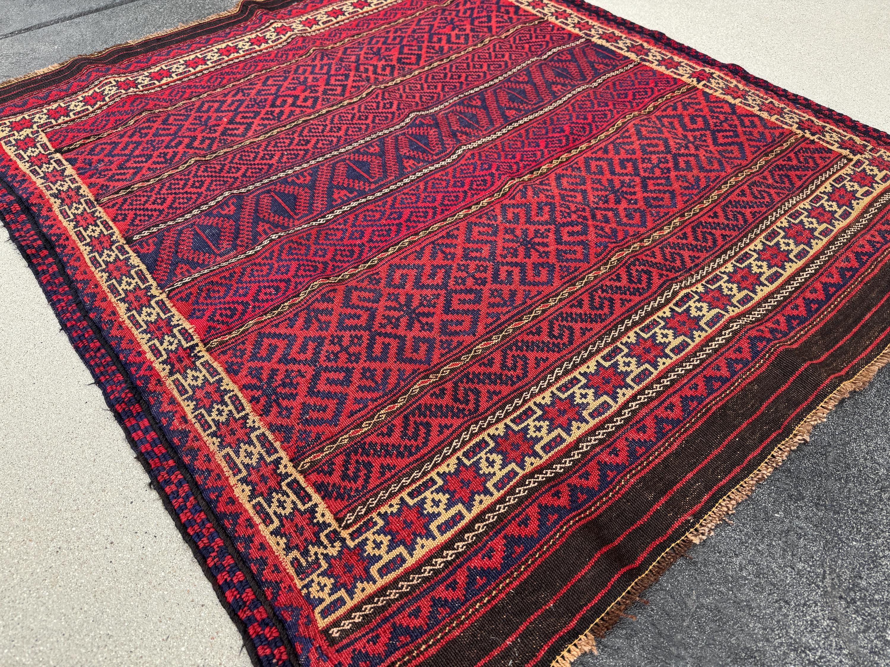 4x5 (132x142) Handmade Vintage Afghan Rug | Cherry Red Orange Navy Blue Chocolate Brown Crimson Red Black Saffron Gold | Mishawani Barjasta