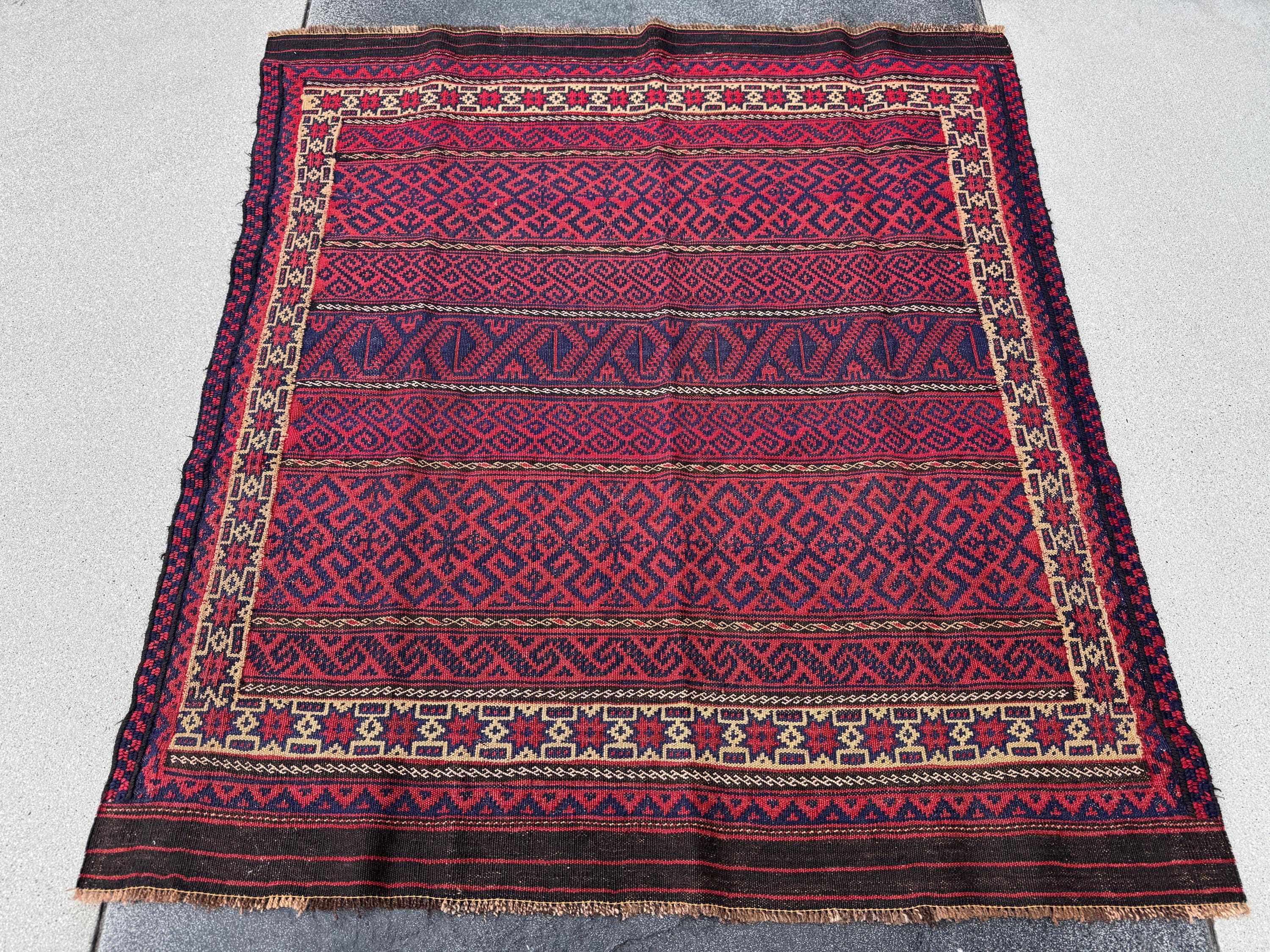 4x5 (132x142) Handmade Vintage Afghan Rug | Cherry Red Orange Navy Blue Chocolate Brown Crimson Red Black Saffron Gold | Mishawani Barjasta