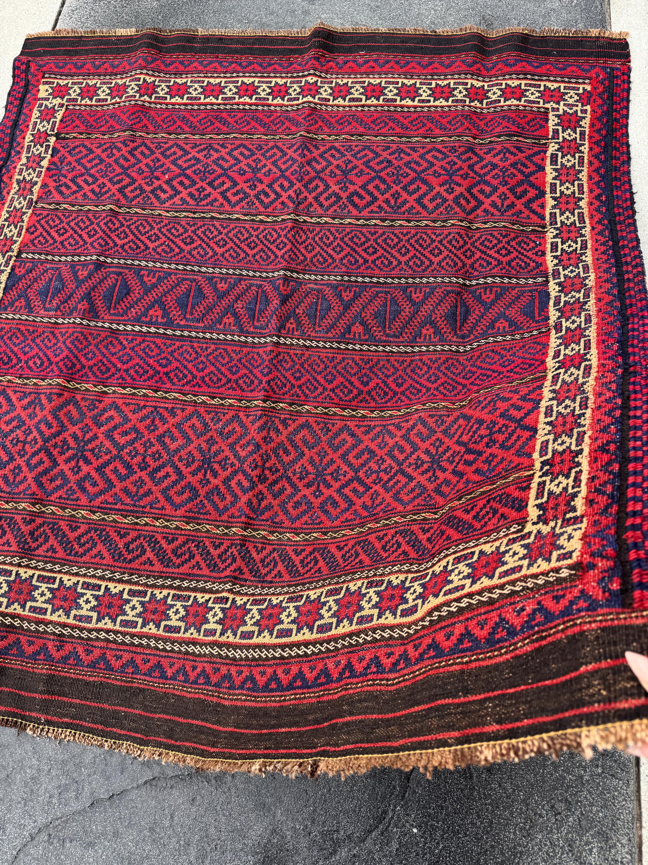 4x5 (132x142) Handmade Vintage Afghan Rug | Cherry Red Orange Navy Blue Chocolate Brown Crimson Red Black Saffron Gold | Mishawani Barjasta