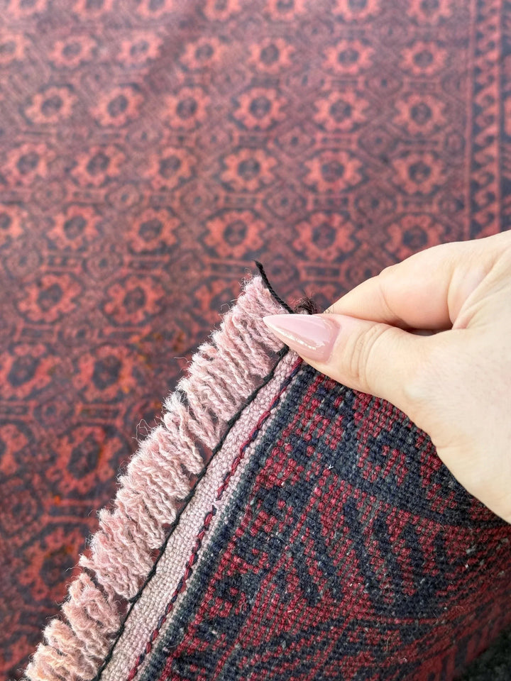 3x5 (91x152) Handmade Afghan Vintage Baluch Rug | Crimson Blood Brick Red Black Midnight Blue | Wool Persian Geometric Accent Traditional