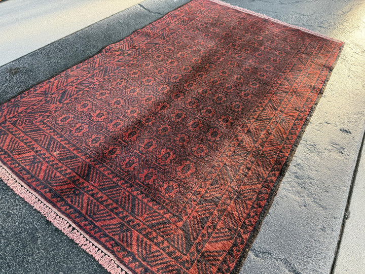 3x5 (91x152) Handmade Afghan Vintage Baluch Rug | Crimson Blood Brick Red Black Midnight Blue | Wool Persian Geometric Accent Traditional
