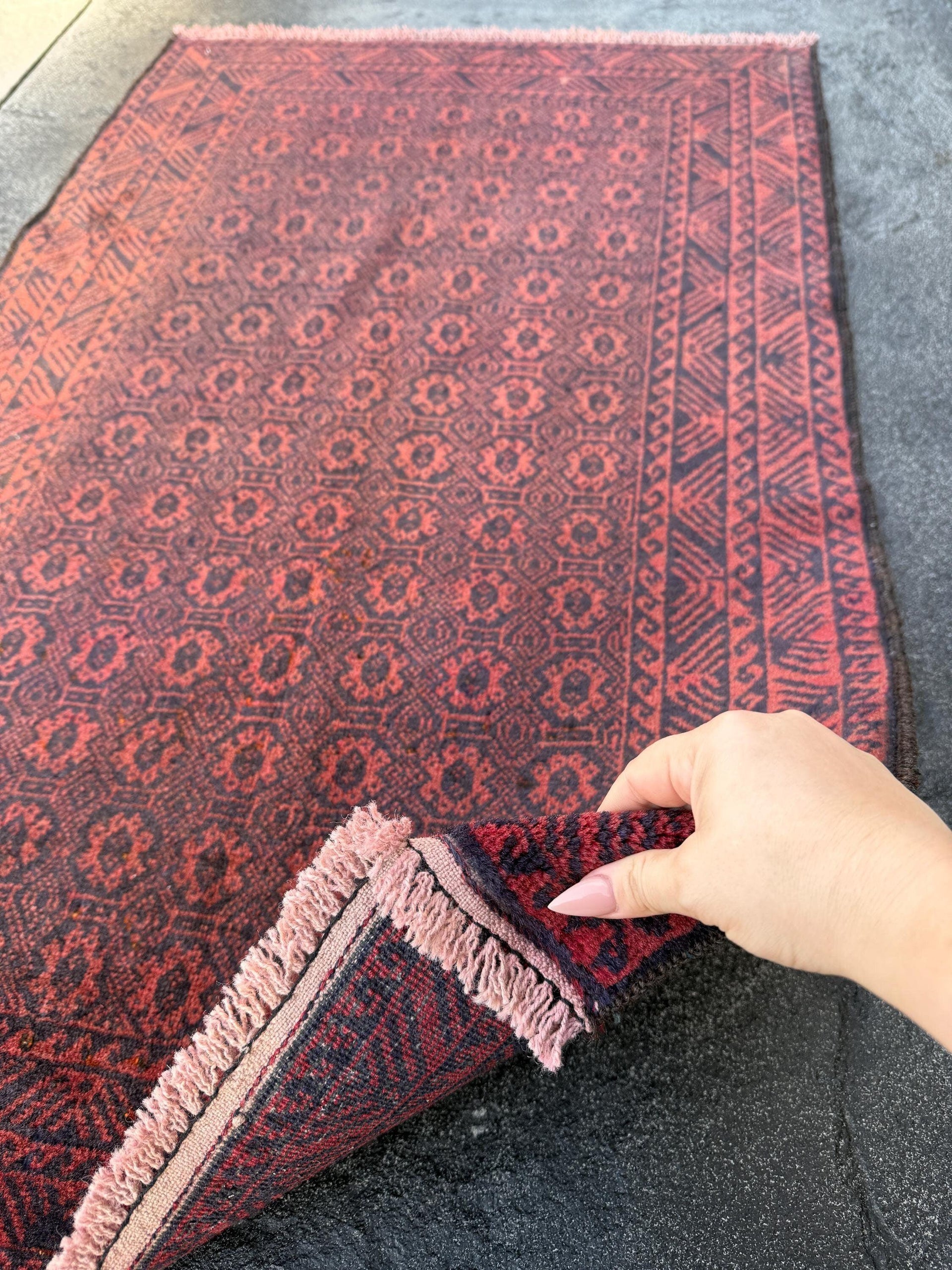 3x5 (91x152) Handmade Afghan Vintage Baluch Rug | Crimson Blood Brick Red Black Midnight Blue | Wool Persian Geometric Accent Traditional