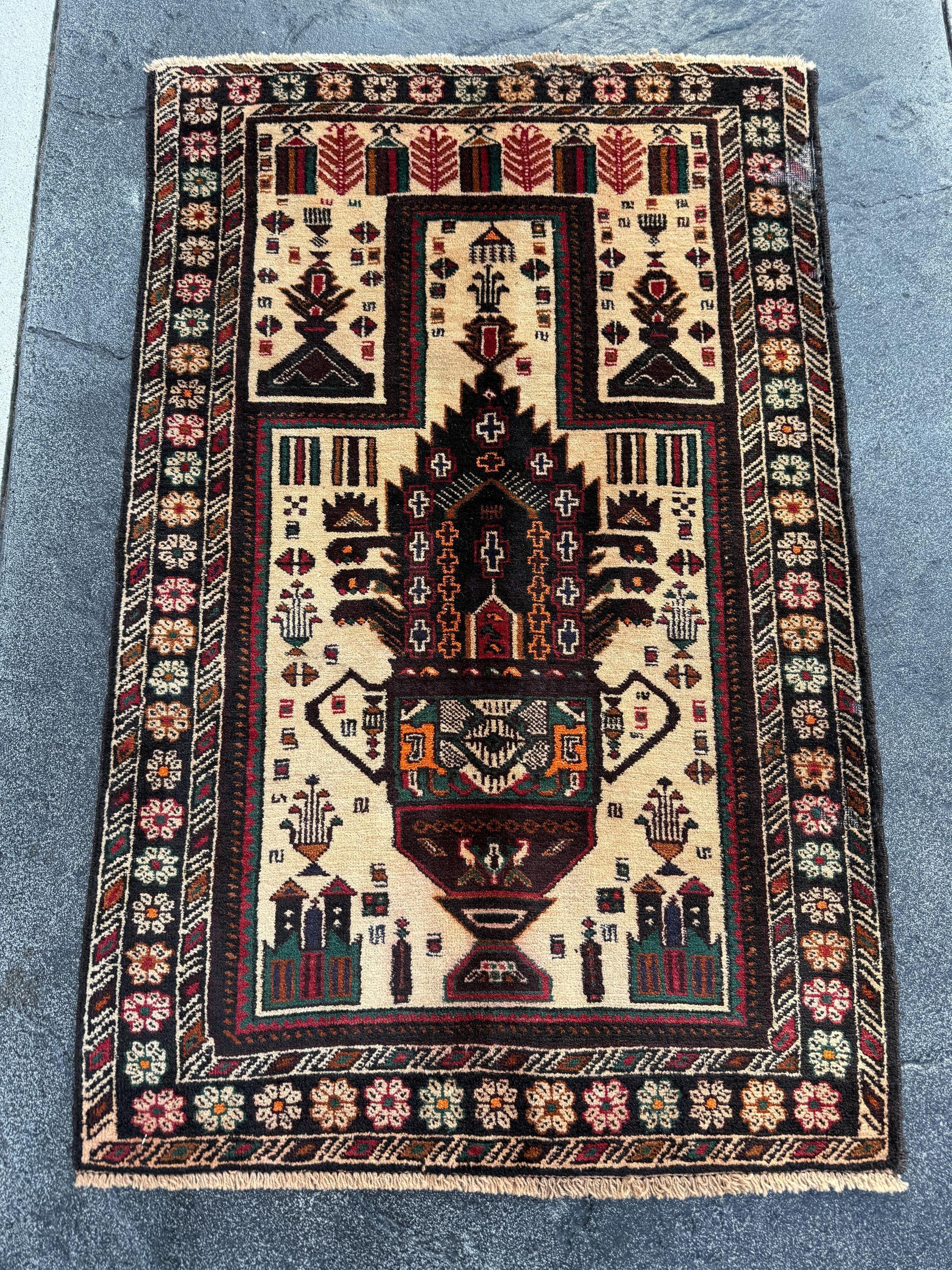 3x4-5 (91x152) Handmade Afghan Vintage Baluch Rug | Cream Black Blood Crimson REd Orange Caramel Sand Brown Forest Green Midnight Blue Gold