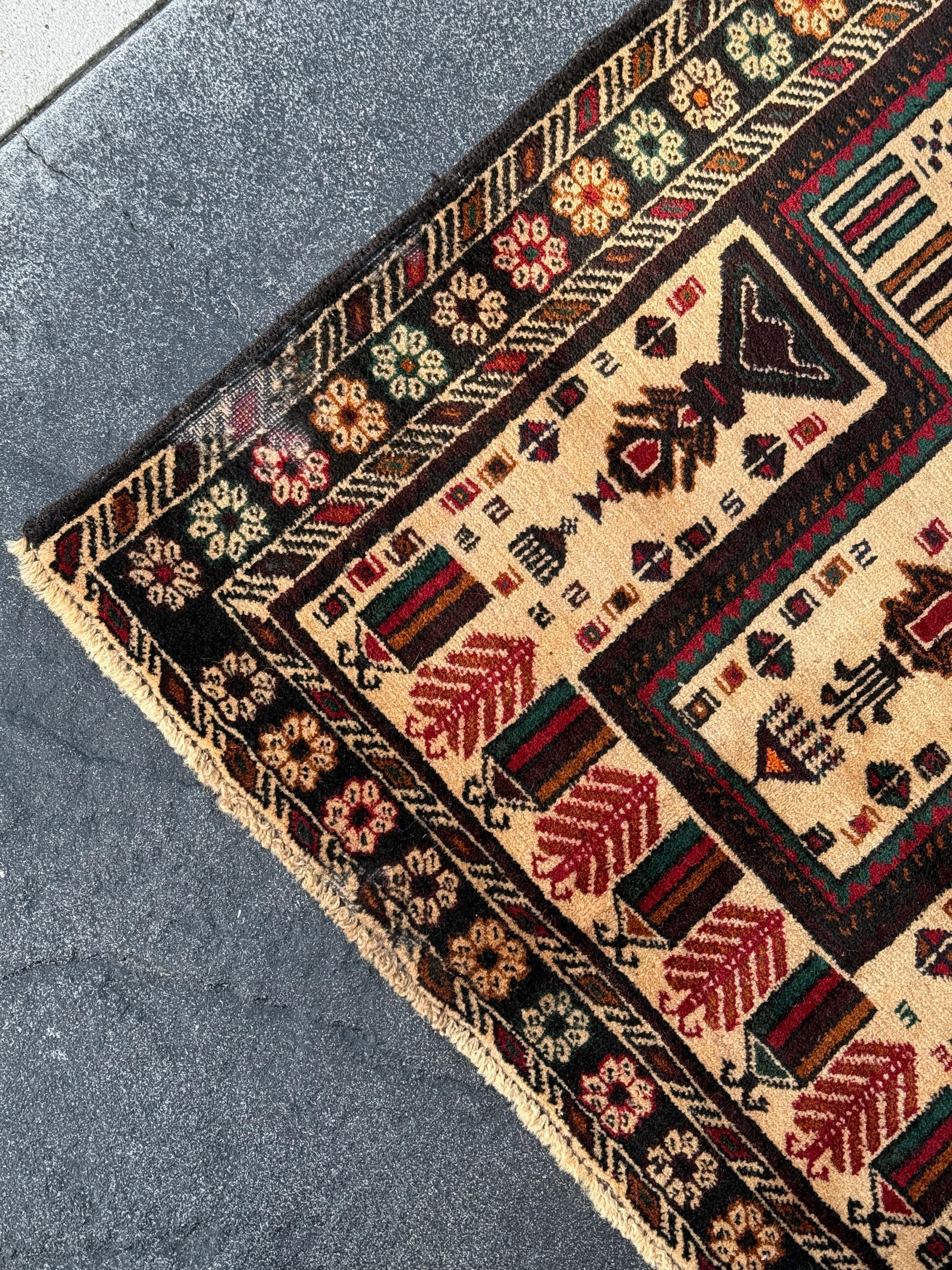 3x4-5 (91x152) Handmade Afghan Vintage Baluch Rug | Cream Black Blood Crimson REd Orange Caramel Sand Brown Forest Green Midnight Blue Gold
