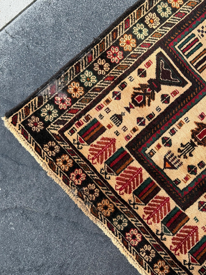 3x4-5 (91x152) Handmade Afghan Vintage Baluch Rug | Cream Black Blood Crimson REd Orange Caramel Sand Brown Forest Green Midnight Blue Gold