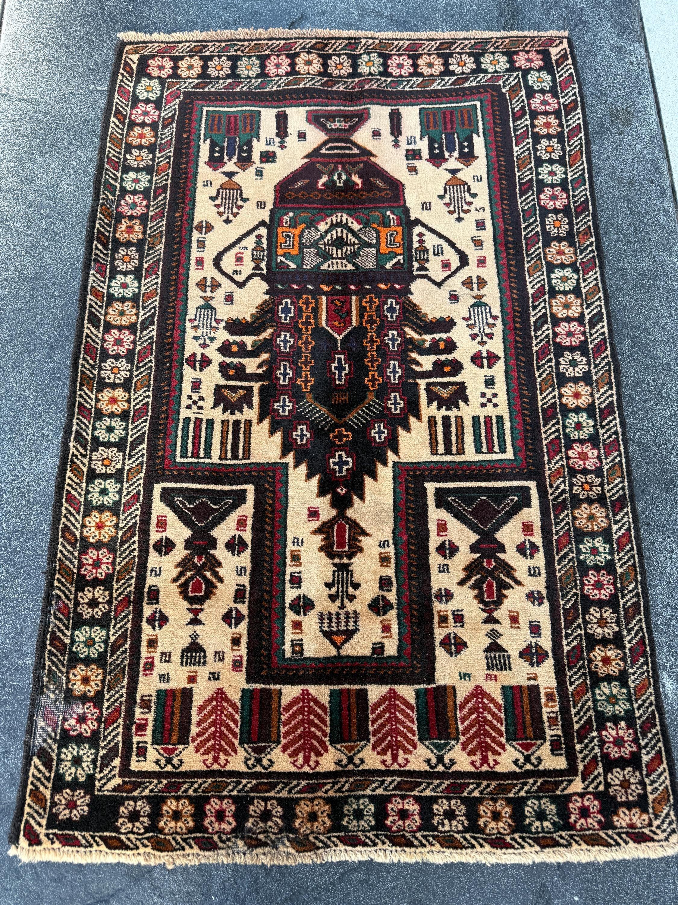 3x4-5 (91x152) Handmade Afghan Vintage Baluch Rug | Cream Black Blood Crimson REd Orange Caramel Sand Brown Forest Green Midnight Blue Gold