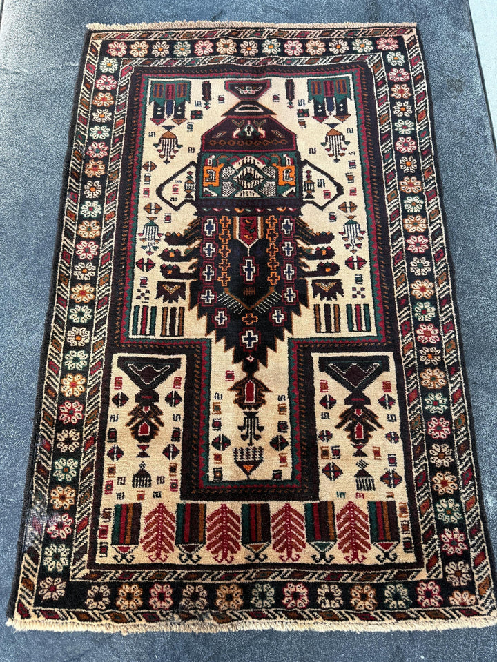3x4-5 (91x152) Handmade Afghan Vintage Baluch Rug | Cream Black Blood Crimson REd Orange Caramel Sand Brown Forest Green Midnight Blue Gold