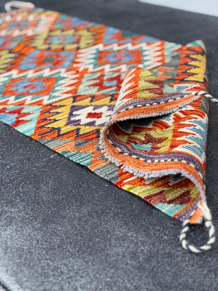 2x5 Handmade Afghan Kilim Runner Rug | Aqua Sky Blue Teal Burnt Orange Brick Red Rust Mustard Yellow Olive Green Purple Cream White