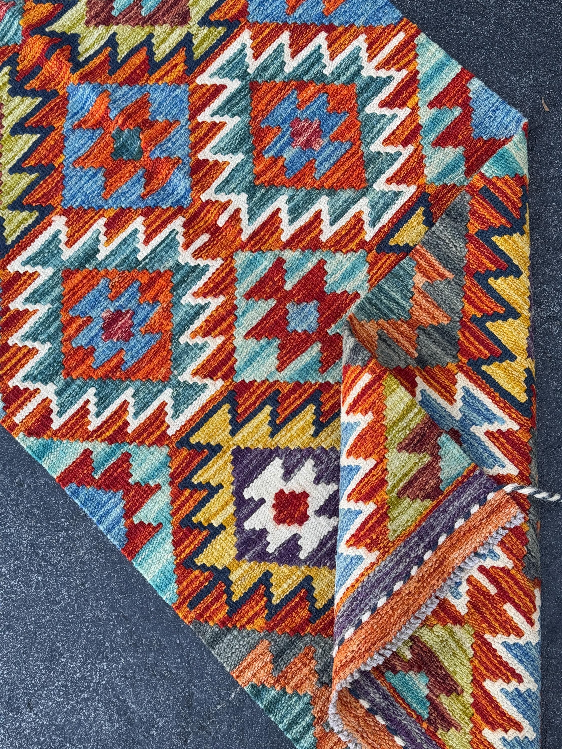2x5 Handmade Afghan Kilim Runner Rug | Aqua Sky Blue Teal Burnt Orange Brick Red Rust Mustard Yellow Olive Green Purple Cream White