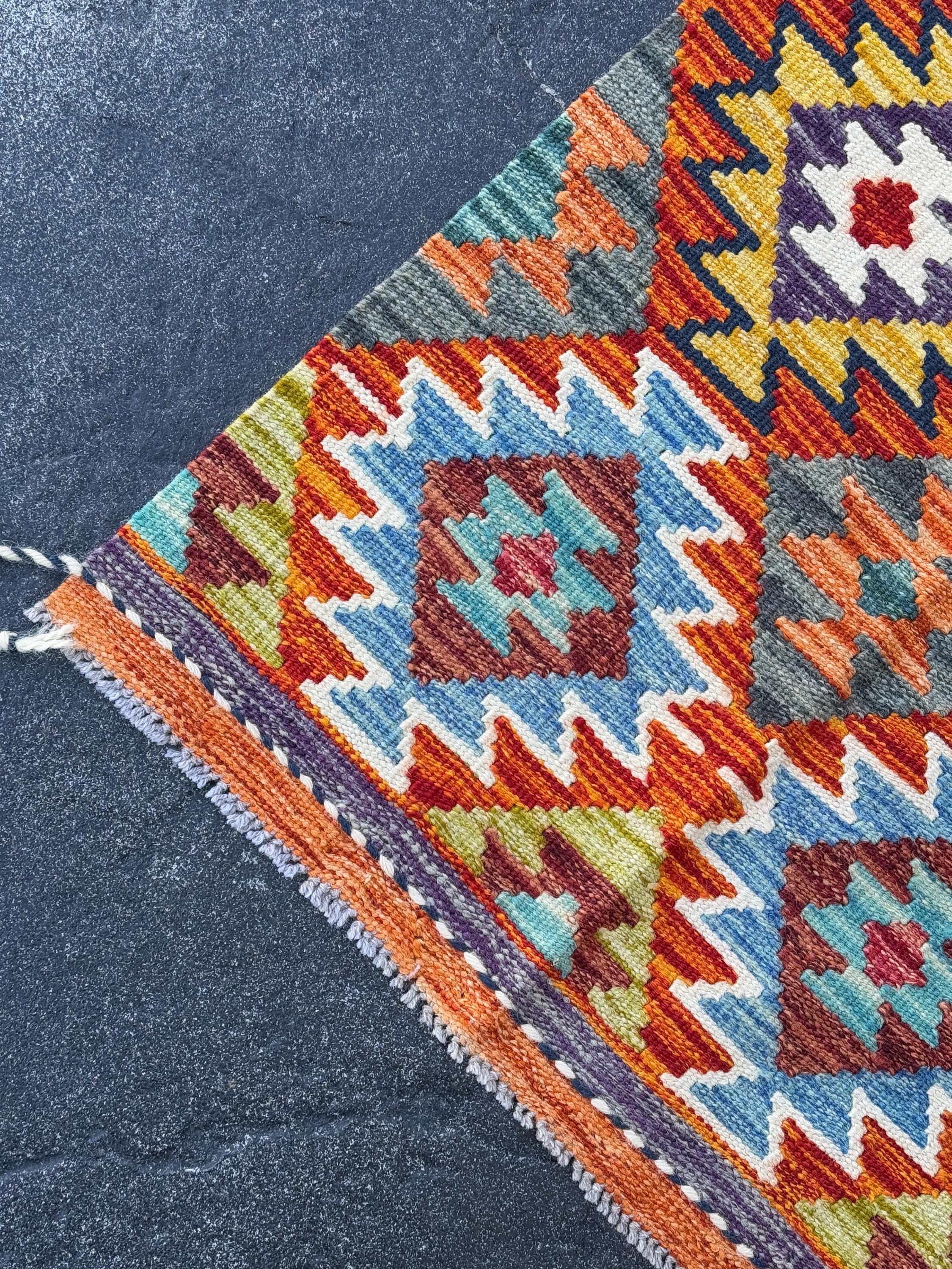 2x5 Handmade Afghan Kilim Runner Rug | Aqua Sky Blue Teal Burnt Orange Brick Red Rust Mustard Yellow Olive Green Purple Cream White