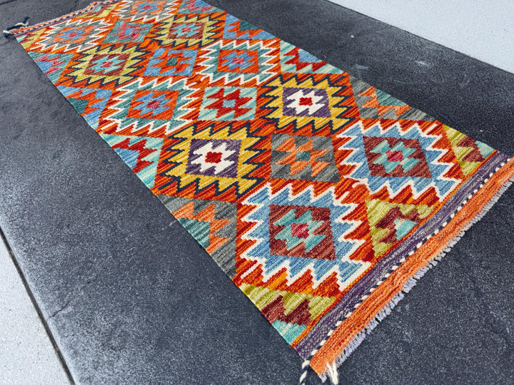 2x5 Handmade Afghan Kilim Runner Rug | Aqua Sky Blue Teal Burnt Orange Brick Red Rust Mustard Yellow Olive Green Purple Cream White