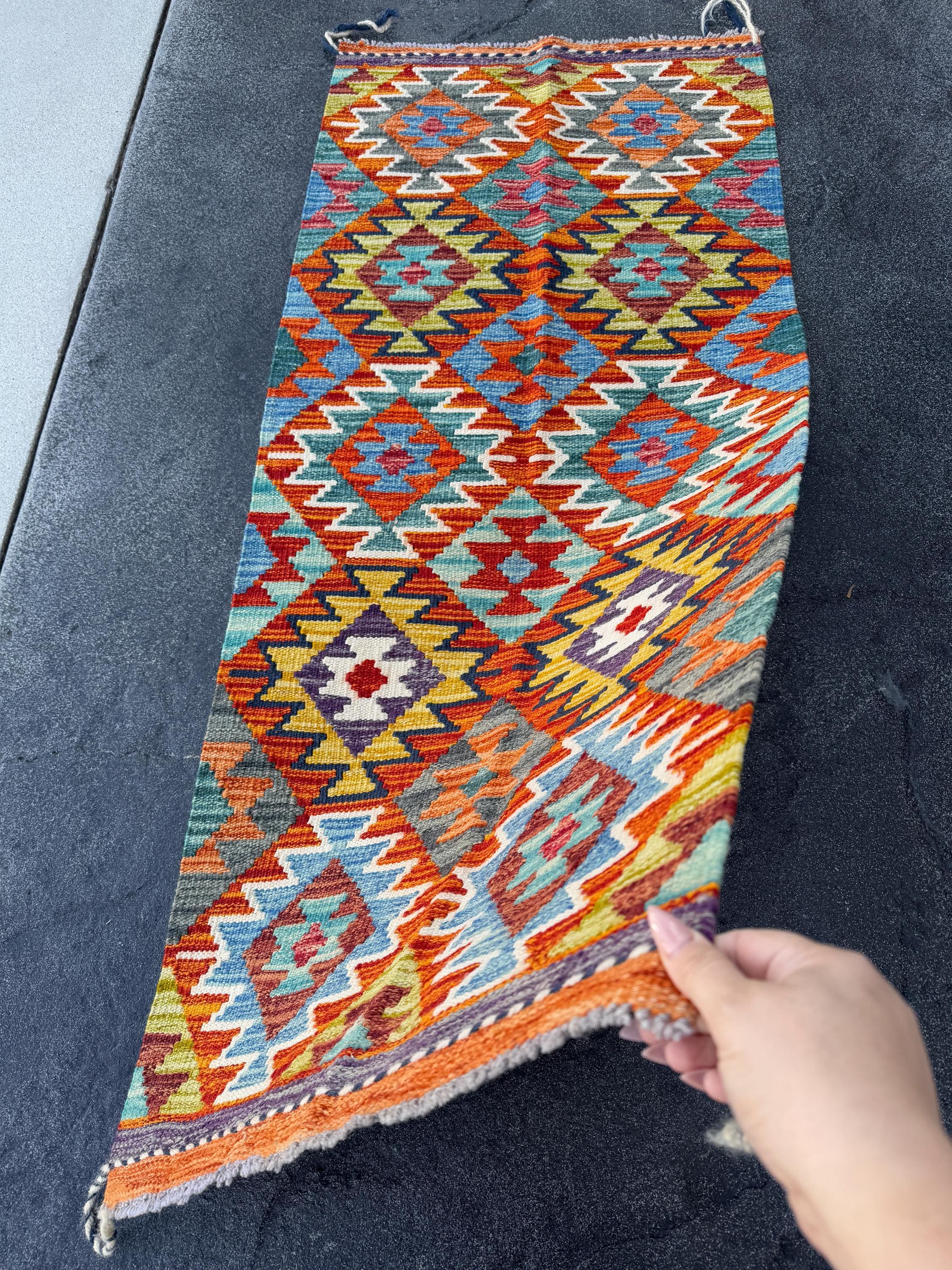 2x5 Handmade Afghan Kilim Runner Rug | Aqua Sky Blue Teal Burnt Orange Brick Red Rust Mustard Yellow Olive Green Purple Cream White