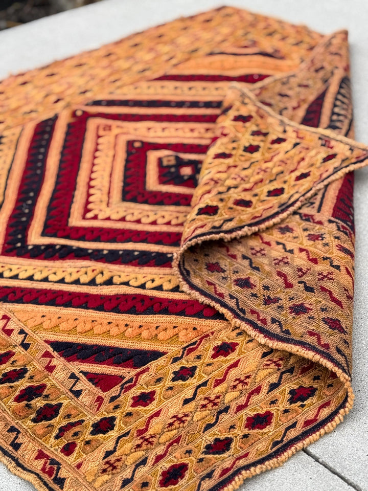 4x5 (124x134) Handmade Kilim Afghan Rug | Gold Saffron Mustard Yellow Beige Taupe Tan Caramel Brown Peach Burnt Rust Orange Garnet Red