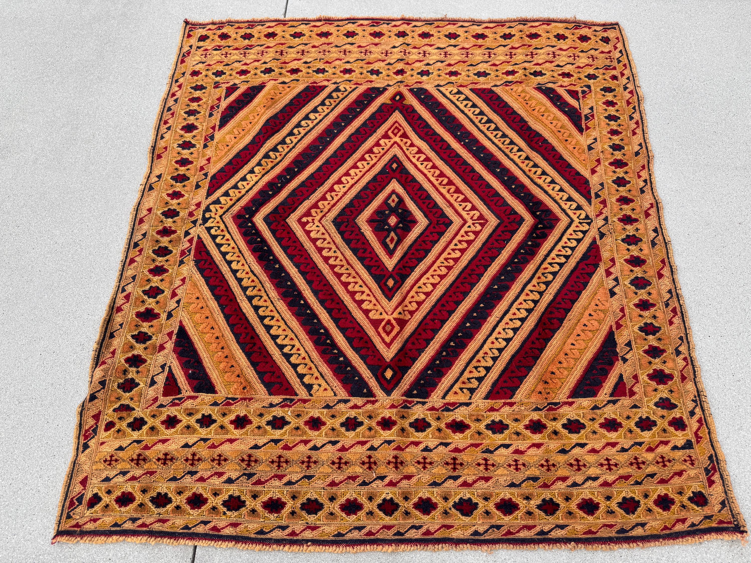 4x5 (124x134) Handmade Kilim Afghan Rug | Gold Saffron Mustard Yellow Beige Taupe Tan Caramel Brown Peach Burnt Rust Orange Garnet Red