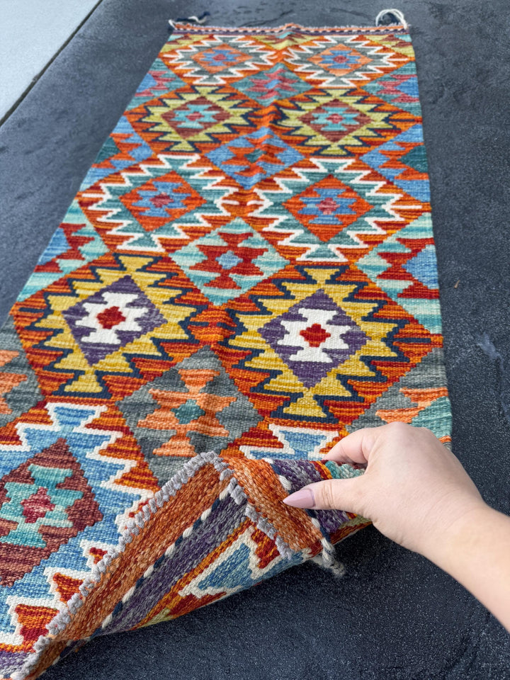 2x5 Handmade Afghan Kilim Runner Rug | Aqua Sky Blue Teal Burnt Orange Brick Red Rust Mustard Yellow Olive Green Purple Cream White