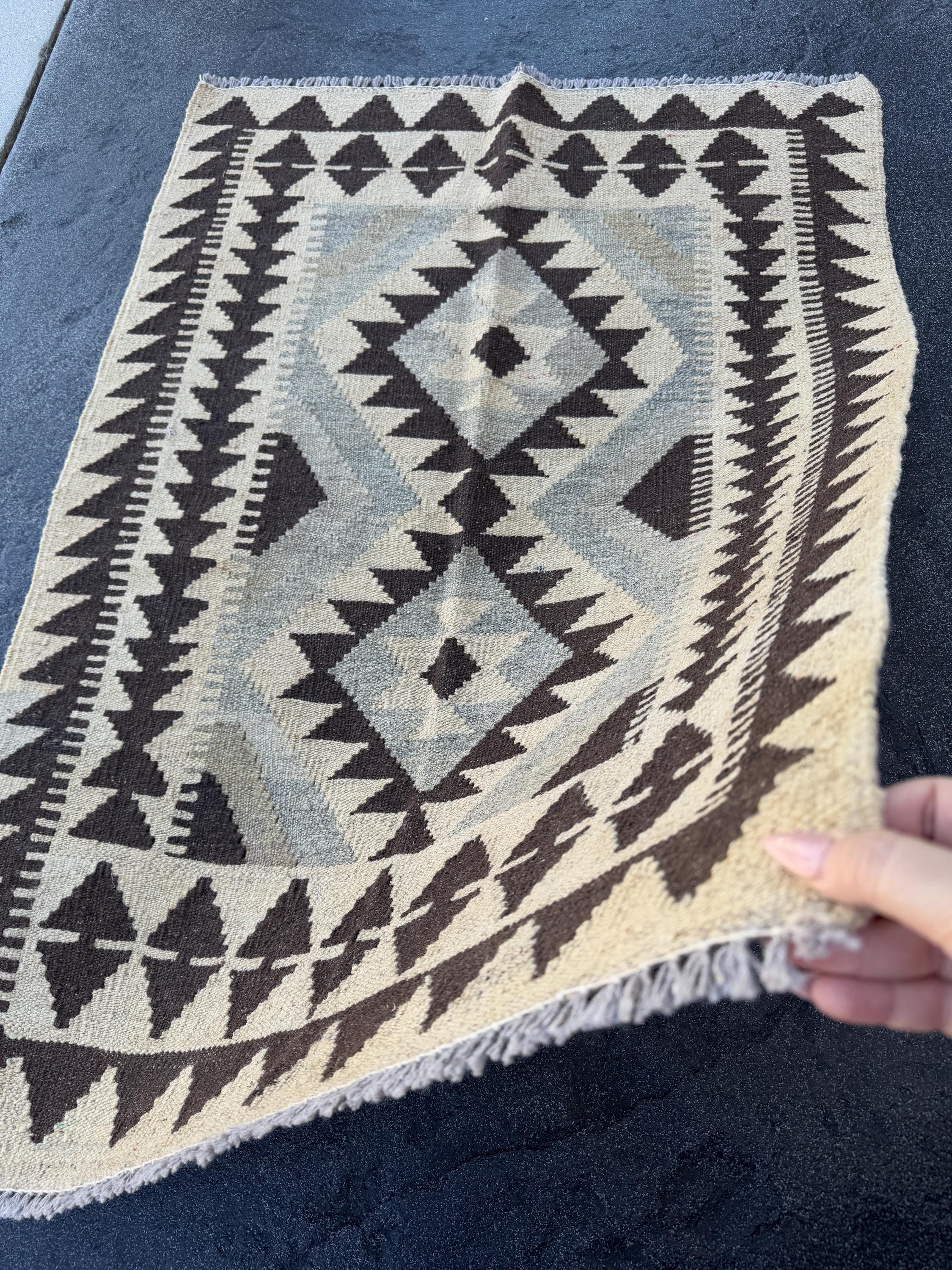 3x4 (60x121) Handmade Afghan Kilim Rug | Sand Chocolate Coffee Brown Taupe Tan Beige Grey Gray Cream Black | Wool Flatweave Neutral