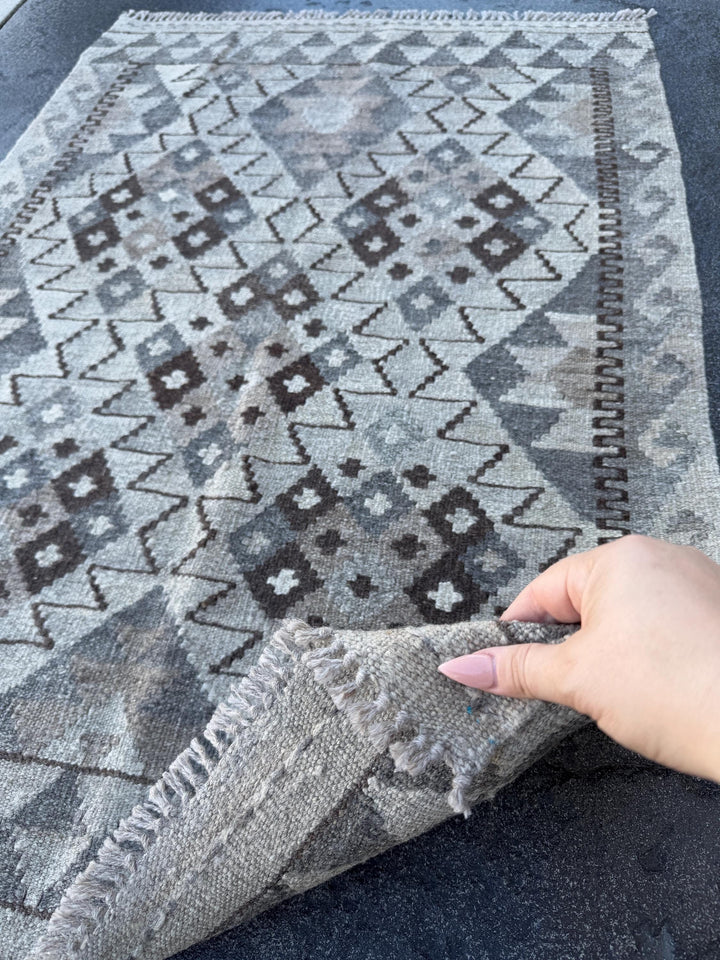 3x4 (60x121) Handmade Afghan Kilim Rug | Grey Gray Cream Ivory Black Chocolate Brown Charcoal Slate Stone Taupe | Wool Flatweave Neutral