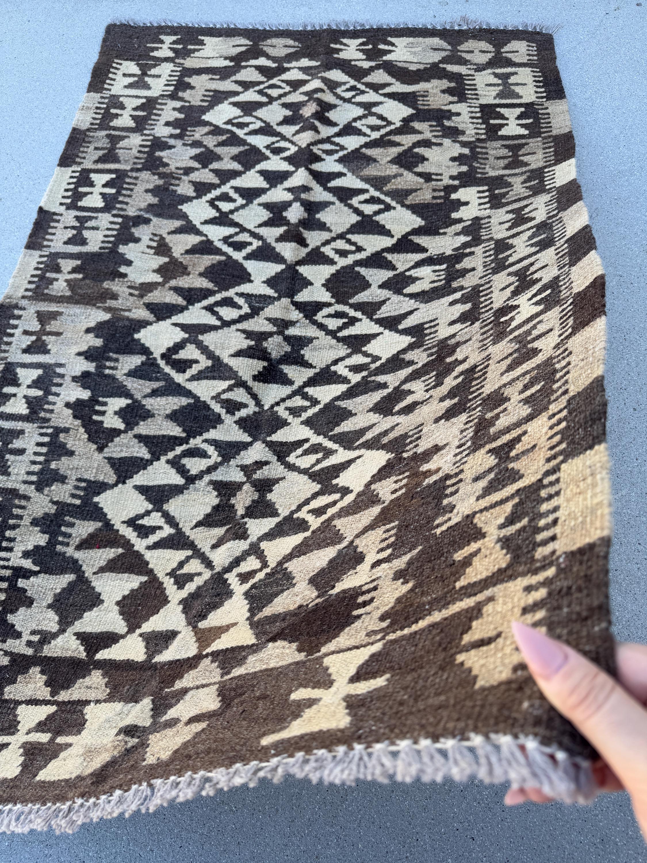 3x4 (91x121) Handmade Afghan Kilim Rug | Sand Chocolate Coffee Brown Taupe Tan Beige Grey Gray Cream | Wool Flatweave Neutral