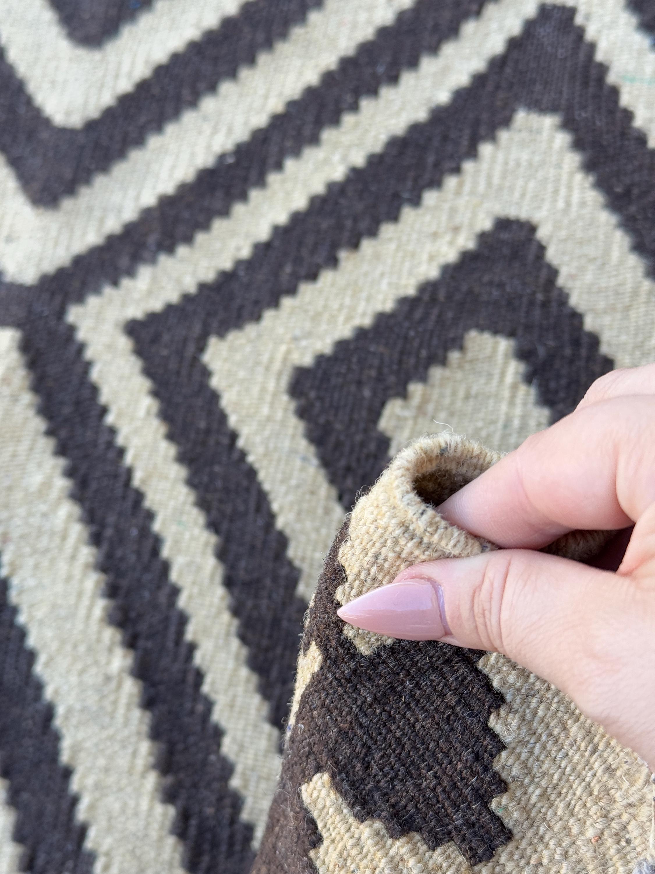 3x4 (91x121) Handmade Afghan Kilim Rug | Sand Chocolate Coffee Brown Taupe Tan Beige | Wool Flatweave Neutral Geometric Tribal Traditional