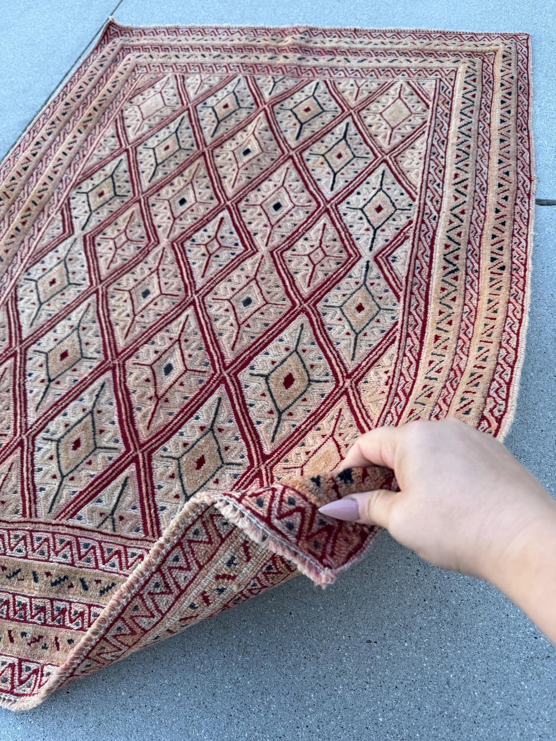 3x4 (91x121) Handmade Afghan Vintage Barjasta Rug | Salmon Coral Orange Pink Burgundy Blood Red Forest Green Black White Cream Ivory | Wool