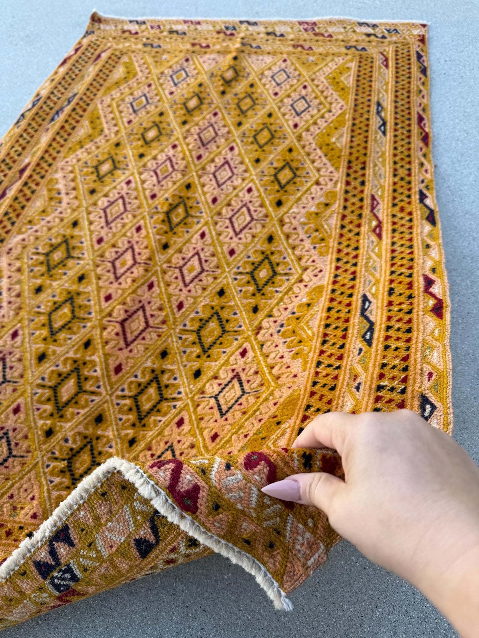 3x4 (91x121) Handmade Afghan Vintage Barjasta Rug | Gold Mustard Yellow Peach Salmon Blood Red Burgundy Black Midnight Blue White Black Wool