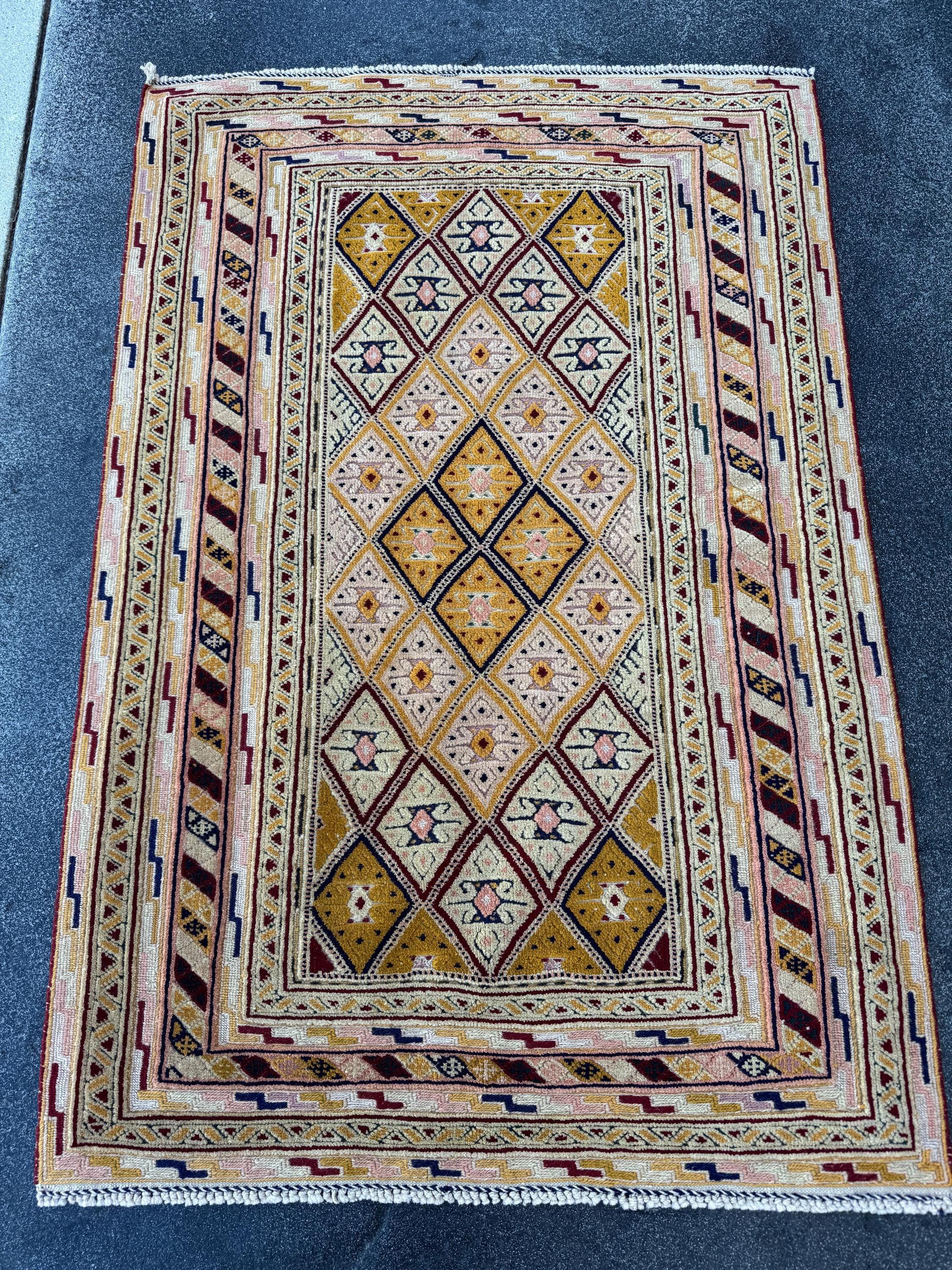 3x4 (86x129) Handmade Afghan Vintage Barjasta Rug | Saffron Gold Cornsilk Yellow Crimson Cherry Red Auburn Cream Ivory Black Tan Sand | Wool