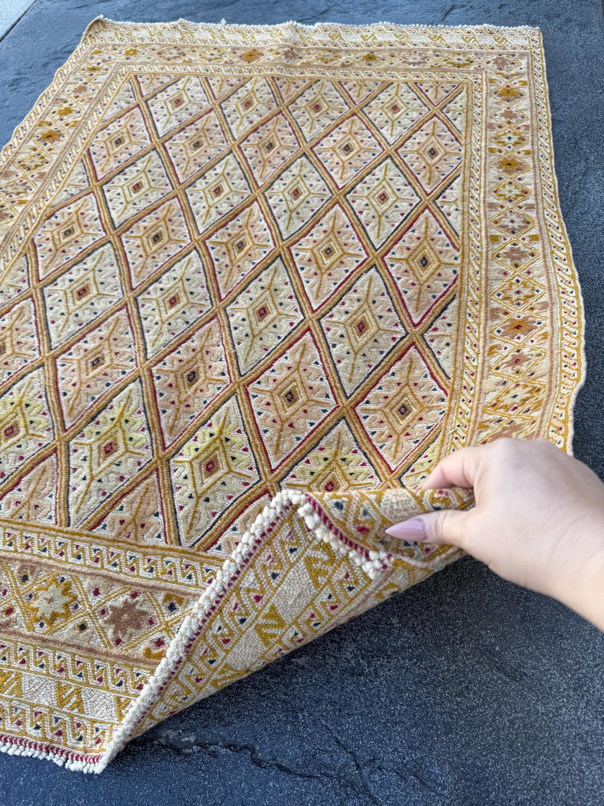 3x4 (91x127) Handmade Afghan Vintage Barjasta Rug | Cream Beige Ivory Saffron Gold Cornsilk Yellow Crimson Mocha Brown Black Olive Blue