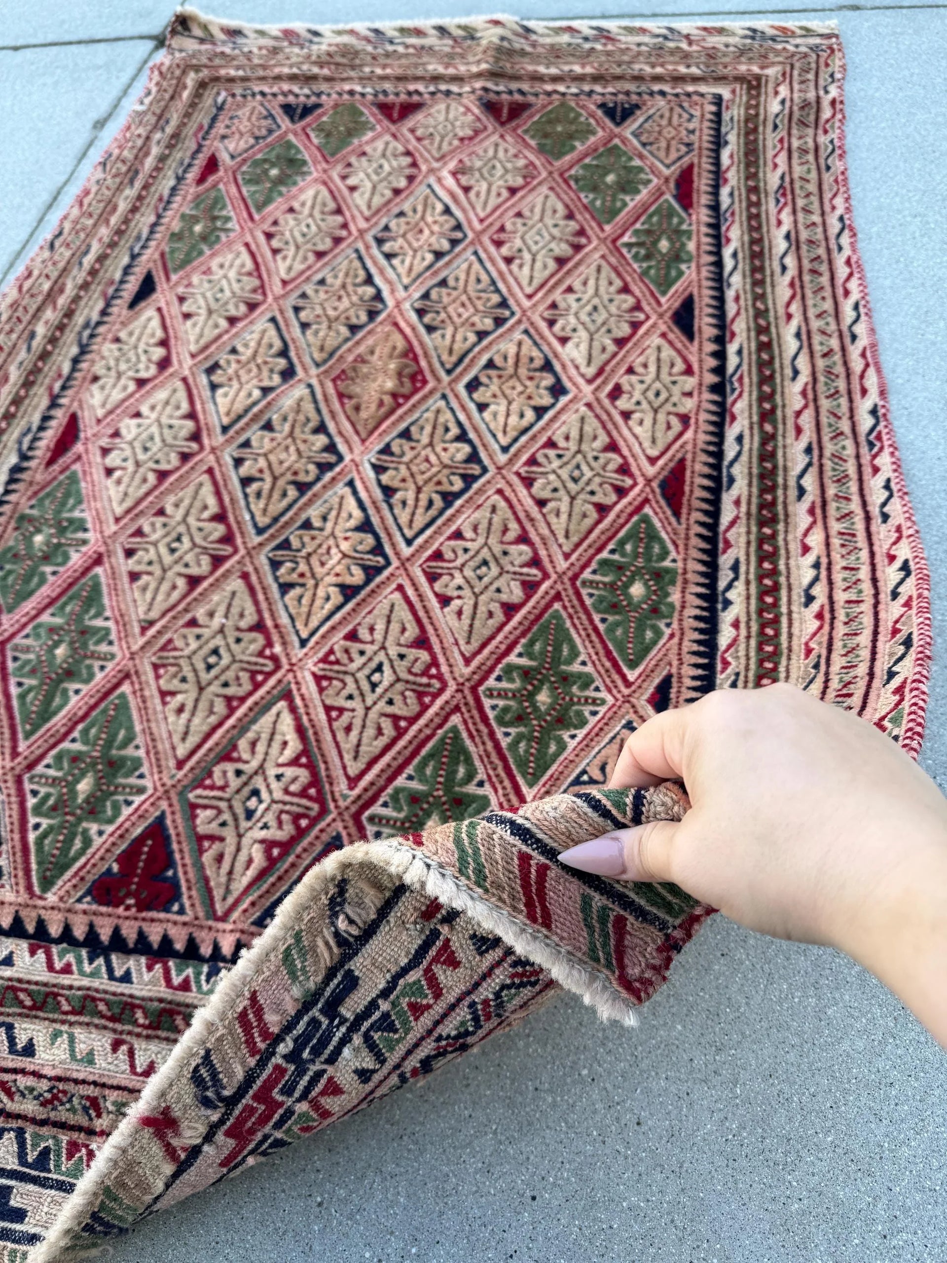 3x4 (91x121) Handmade Afghan Vintage Barjasta Rug | Salmon Pink Crimson Blood Burgundy Red Forest Olive Green Midnight Blue White Cream