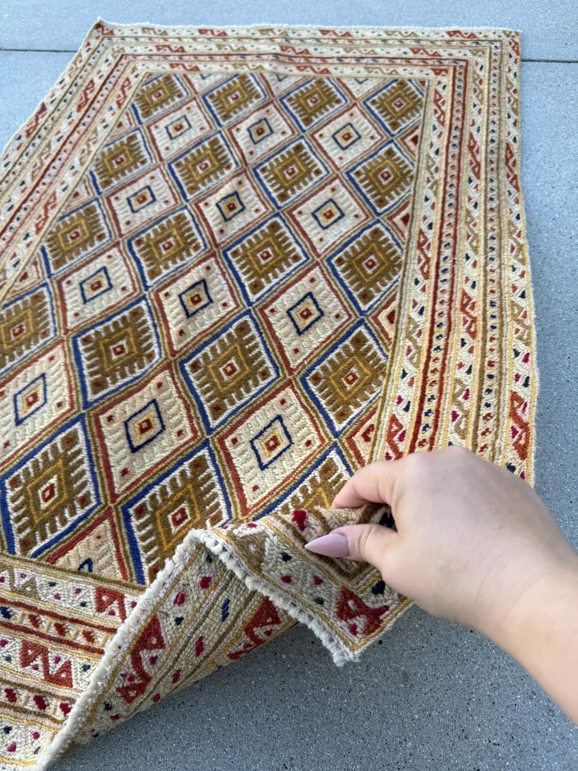 3x4 (91x121) Handmade Afghan Vintage Barjasta Rug | Cornsilk Mustard Yellow Olive Green Coffee Sand Brown Blood Red Navy Blue White Cream