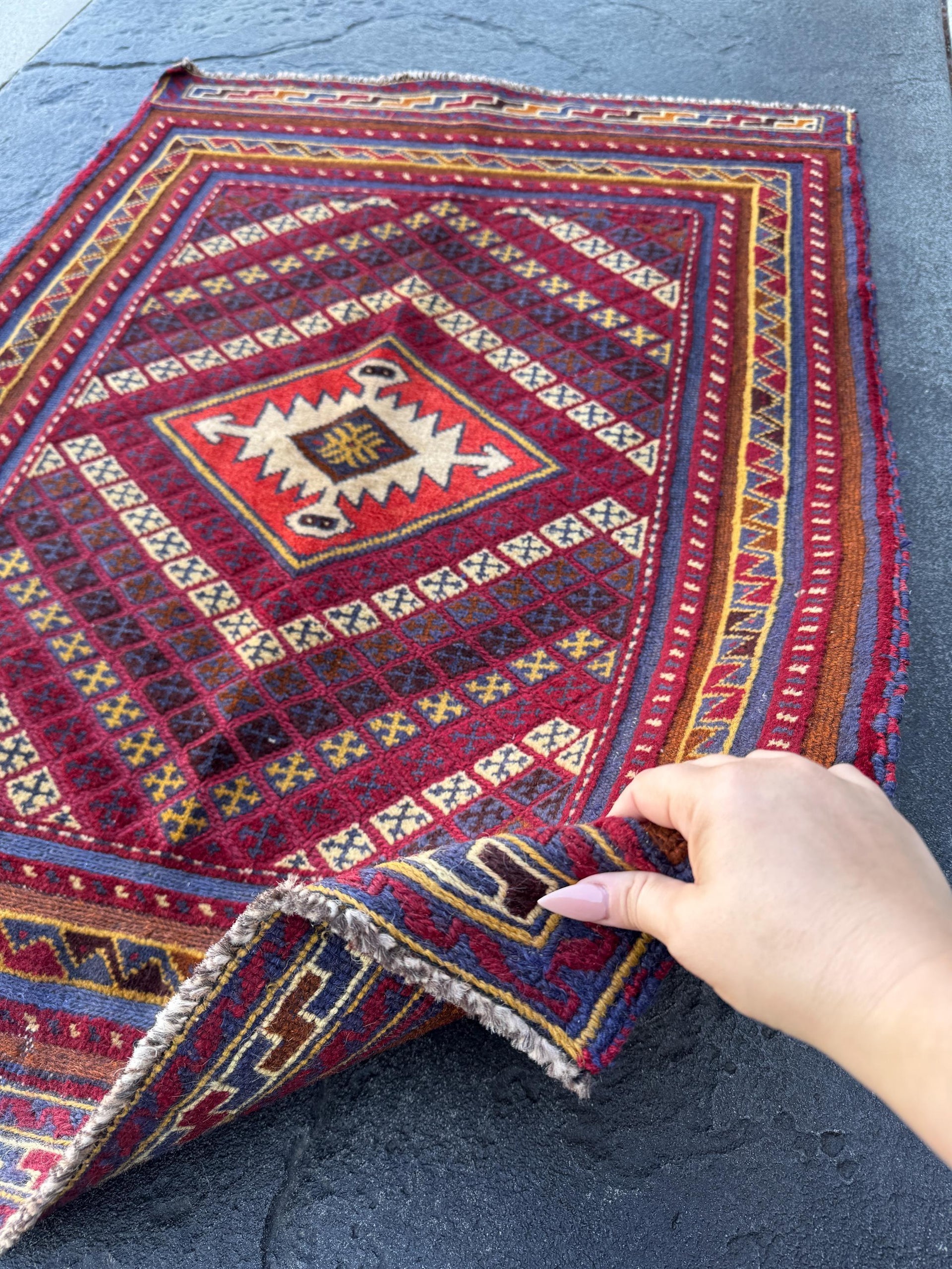 3x4 (91x121) Handmade Afghan Vintage Barjasta Rug | Blood Crimson Red White Cream Yellow Rust Orange Denim Navy Blue Plum Purple | Wool
