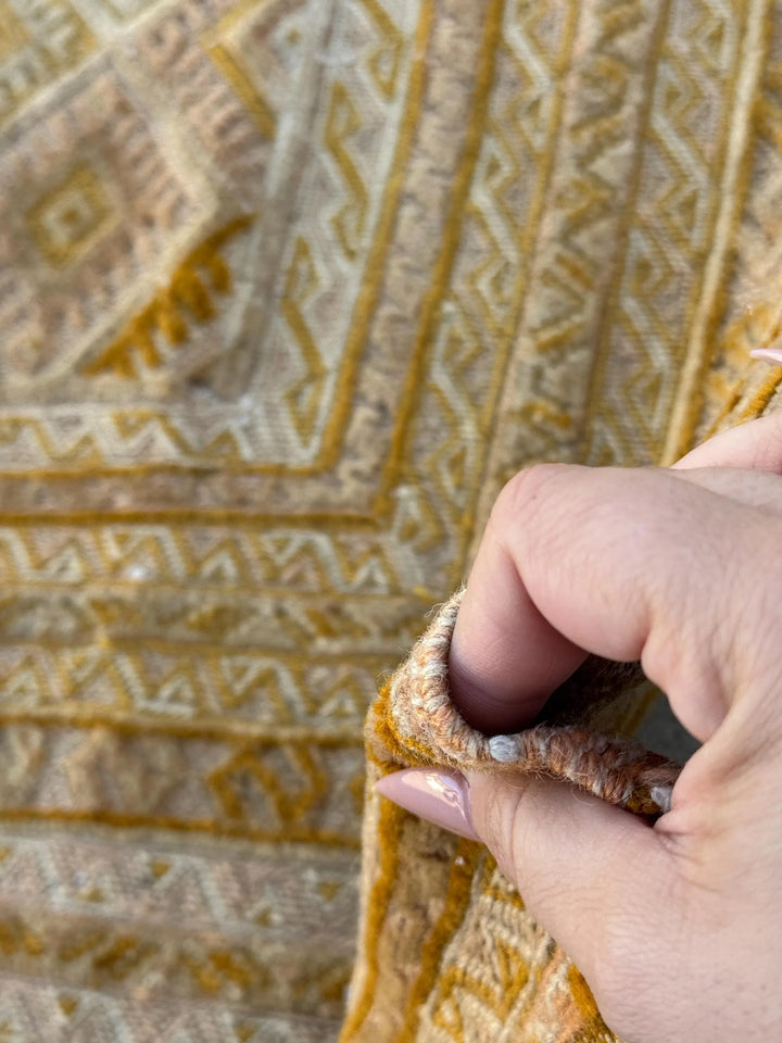 4x5 (121x152) Handmade Afghan Vintage Barjasta Rug | Gold Saffron Mustard Cornsilk Yellow Cream Burnt Rust Orange White | Wool Flatweave