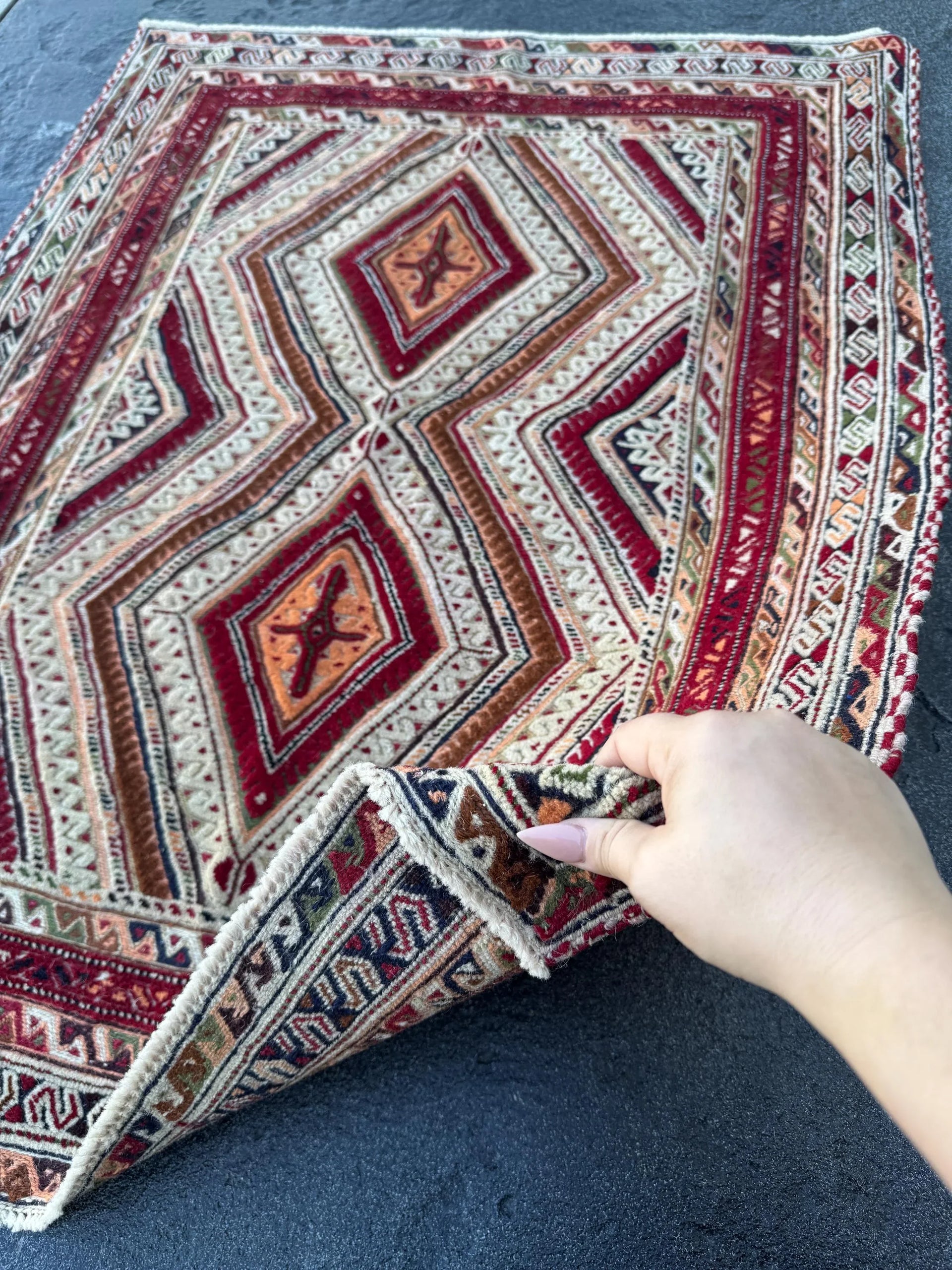 3x4 (91x121) Handmade Afghan Vintage Barjasta Rug | Red Blood Black White Ivory Cream Salmon Coral Pink Orange Olive Forest Green | Wool