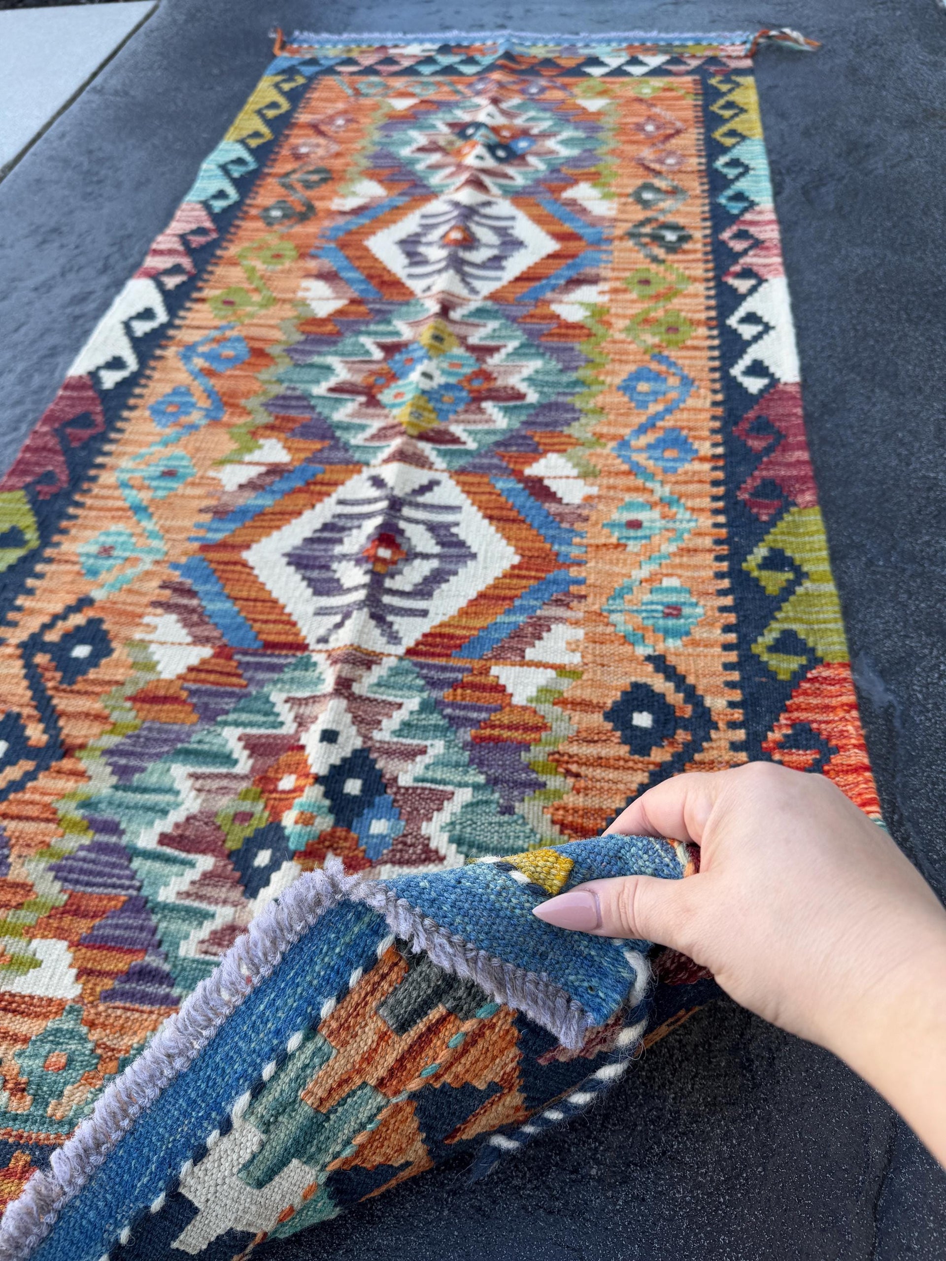 2x5 (60x152) Handmade Afghan Kilim Rug | Denim Aqua Sky Midnight Blue Teal Ivory White Brick Red Burnt Orange Moss Green Burgundy Black Grey