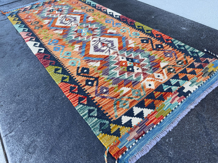 2x5 (60x152) Handmade Afghan Kilim Rug | Denim Aqua Sky Midnight Blue Teal Ivory White Brick Red Burnt Orange Moss Green Burgundy Black Grey