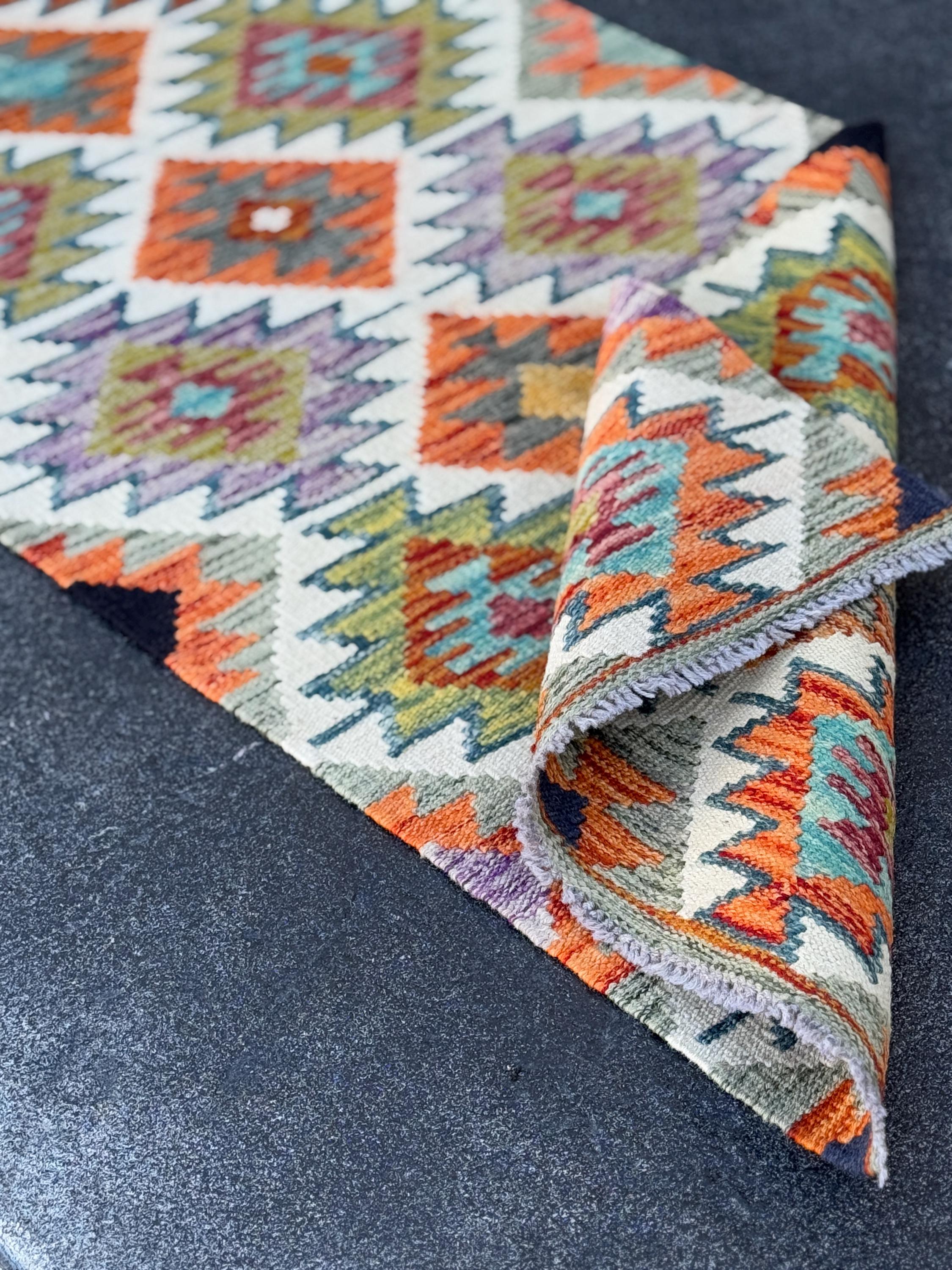 2x5 Handmade Afghan Kilim Runner Rug | Cream Ivory Burnt Orange Eggplant Purple Olive Moss Forest Green Grey Teal Denim Blue Saffron Maroon