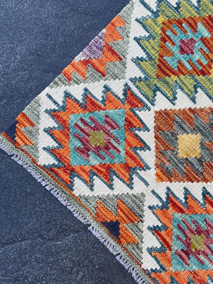 2x5 Handmade Afghan Kilim Runner Rug | Cream Ivory Burnt Orange Eggplant Purple Olive Moss Forest Green Grey Teal Denim Blue Saffron Maroon