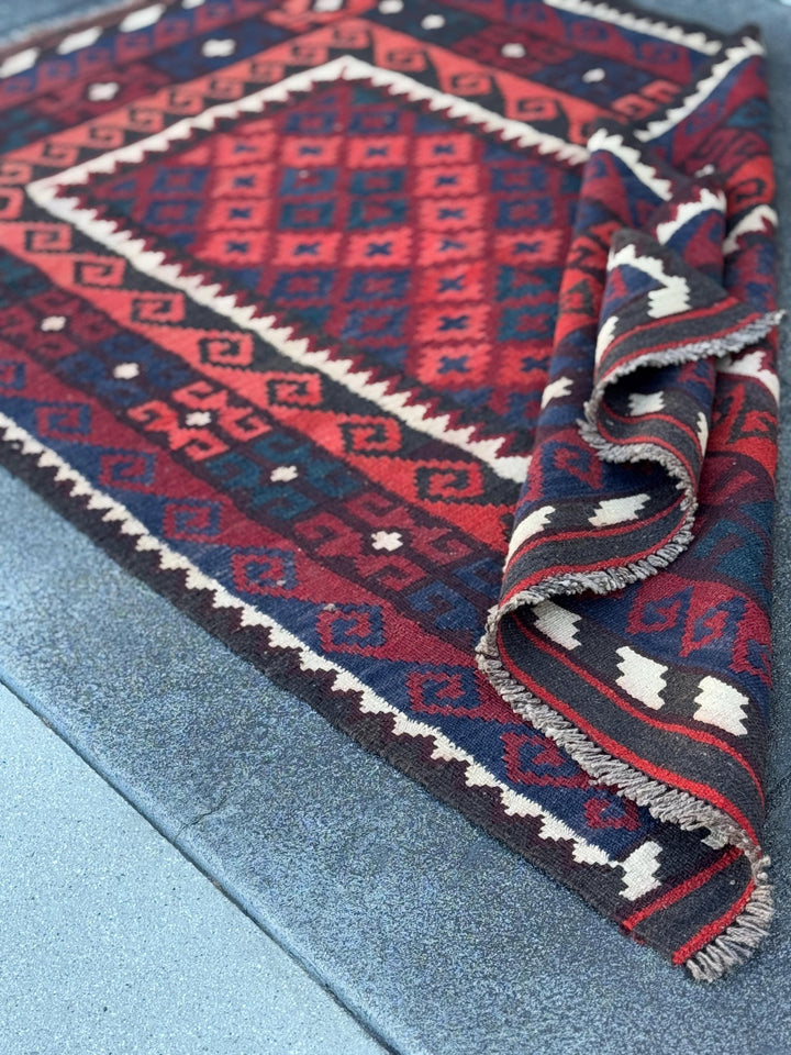 3x6 Vintage Handmade Afghan Kilim Rug | Blood Brick Crimson Burgundy Red Black Cream White Navy Midnight Blue Forest Green | Wool Flatweave