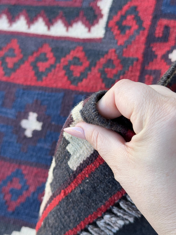 3x6 Vintage Handmade Afghan Kilim Rug | Blood Brick Crimson Burgundy Red Black Cream White Navy Midnight Blue Forest Green | Wool Flatweave