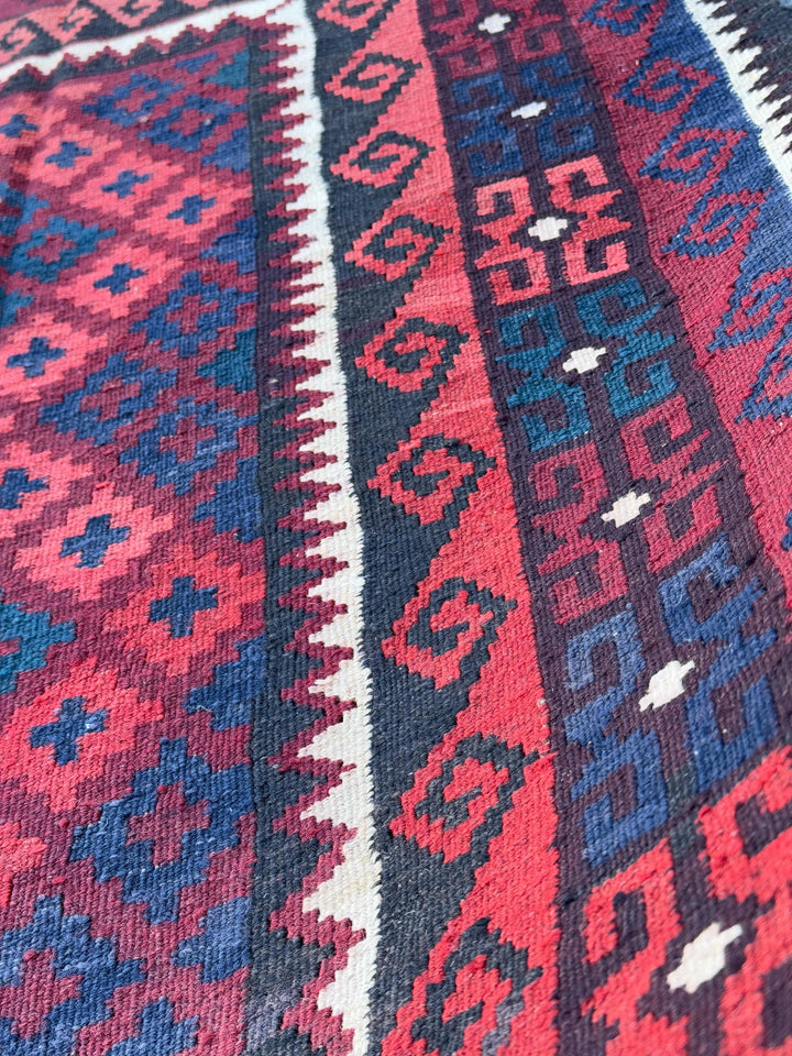 3x6 Vintage Handmade Afghan Kilim Rug | Blood Brick Crimson Burgundy Red Black Cream White Navy Midnight Blue Forest Green | Wool Flatweave