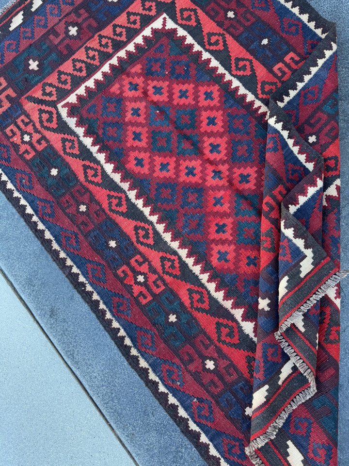 3x6 Vintage Handmade Afghan Kilim Rug | Blood Brick Crimson Burgundy Red Black Cream White Navy Midnight Blue Forest Green | Wool Flatweave