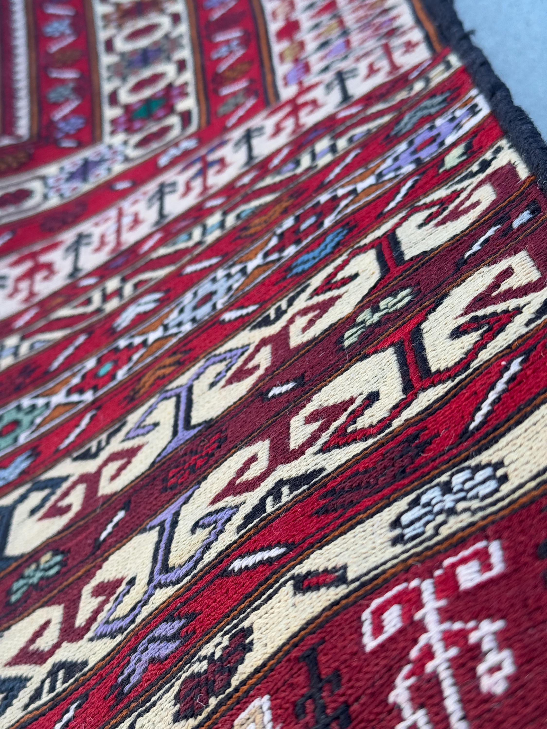 4x6-7 Vintage Handmade Afghan Soumak Rug | Blood Crimson Red Cream Sky Denim Blue Burgundy Olive Pine Green Lavender Black Caramel Brown