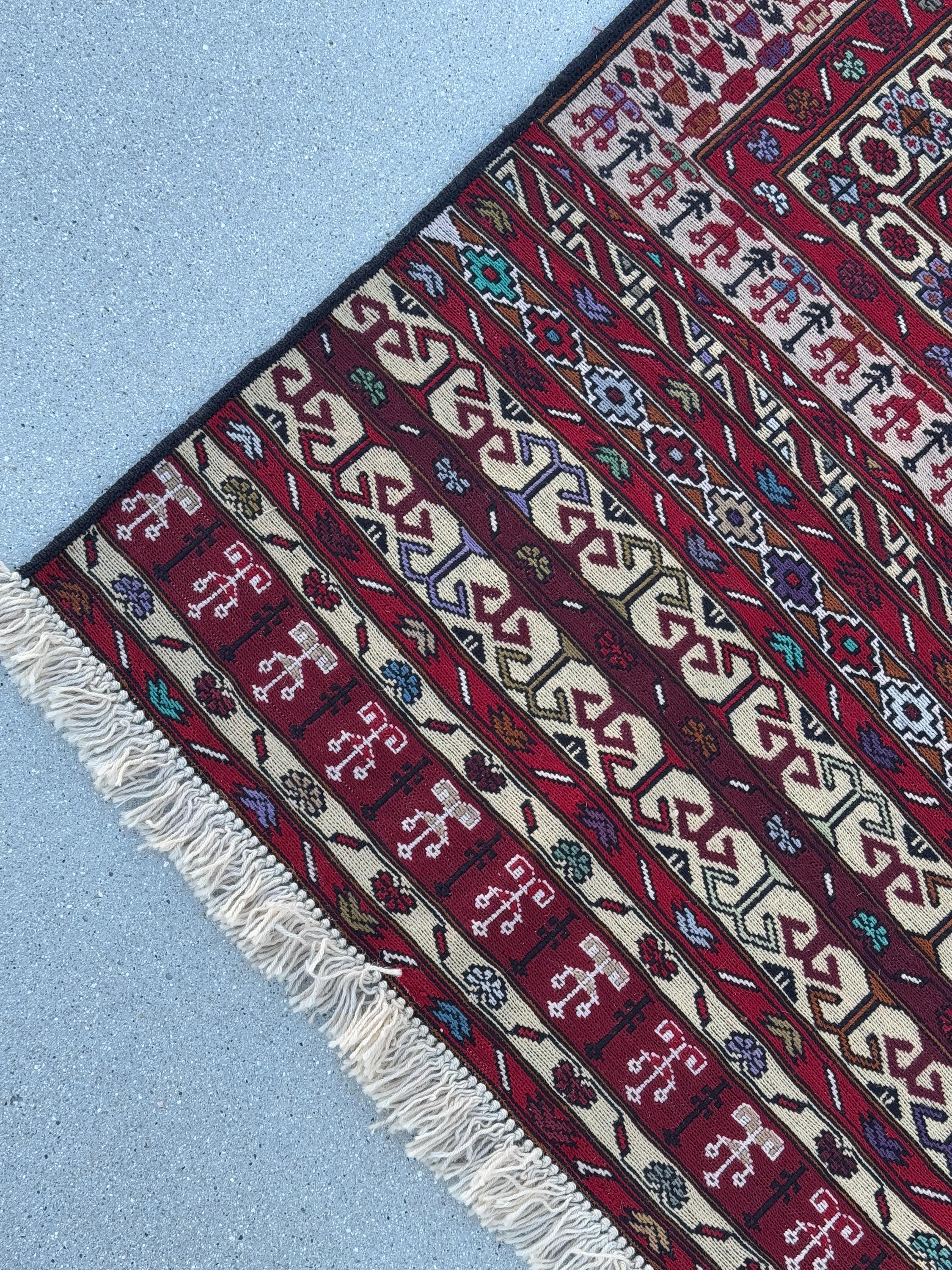 4x6-7 Vintage Handmade Afghan Soumak Rug | Blood Crimson Red Cream Sky Denim Blue Burgundy Olive Pine Green Lavender Black Caramel Brown